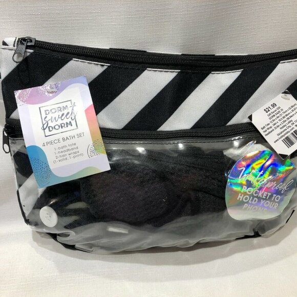 Bath Set Dorm Sweet Dorm Bath Tote‎ 2 Hair Wraps 1 Headband Black White 4 pc NWT - Picture 1 of 7